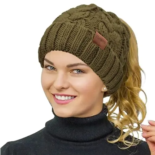 Rosoz Ponytail Beanie for Women,Winter Warm Beanie Tail Soft Stretch Cable Knit Messy High Bun Hat - 1