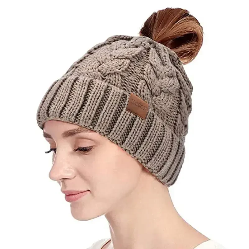 Rosoz Ponytail Beanie for Women,Winter Warm Beanie Tail Soft Stretch Cable Knit Messy High Bun Hat - 2
