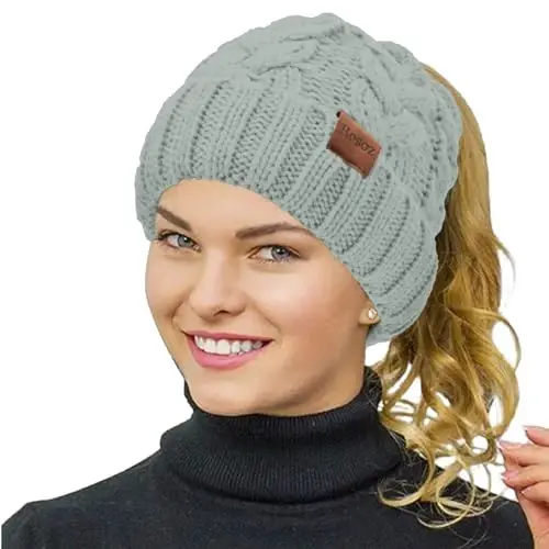 Rosoz Ponytail Beanie for Women,Winter Warm Beanie Tail Soft Stretch Cable Knit Messy High Bun Hat - 1