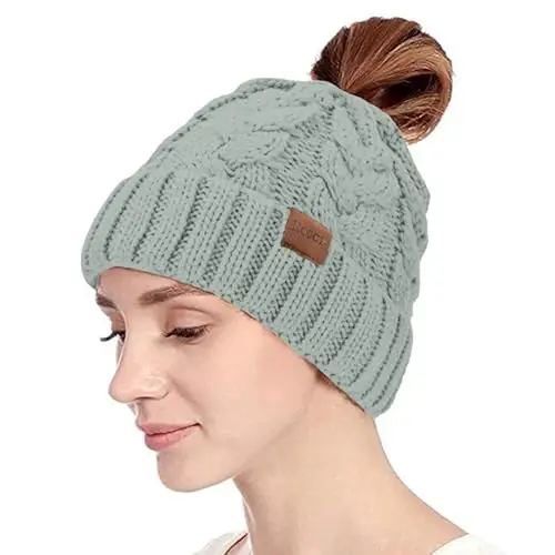 Rosoz Ponytail Beanie for Women,Winter Warm Beanie Tail Soft Stretch Cable Knit Messy High Bun Hat - 2