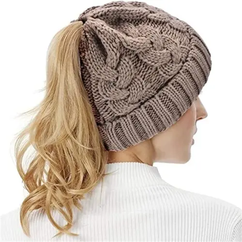 Rosoz Ponytail Beanie for Women,Winter Warm Beanie Tail Soft Stretch Cable Knit Messy High Bun Hat - 3