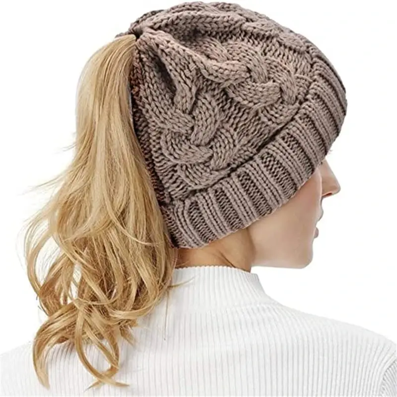 Rosoz Ponytail Beanie for Women,Winter Warm Beanie Tail Soft Stretch Cable Knit Messy High Bun Hat - 3