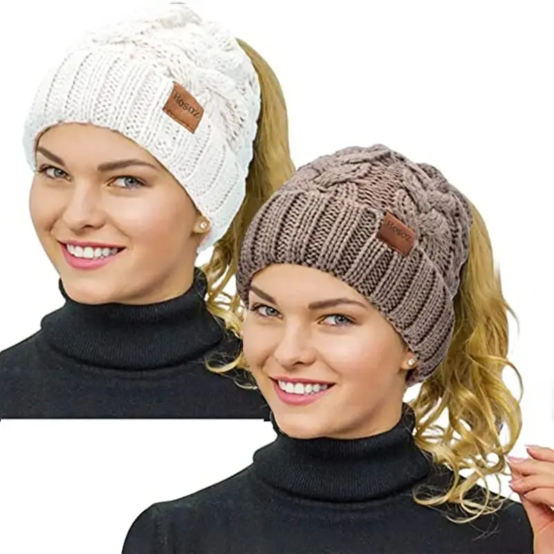 Rosoz Ponytail Beanie for Women,Winter Warm Beanie Tail Soft Stretch Cable Knit Messy High Bun Hat - ROSOZ