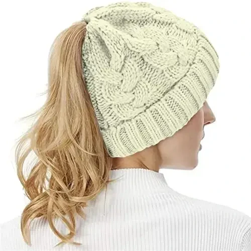 Rosoz Ponytail Beanie for Women,Winter Warm Beanie Tail Soft Stretch Cable Knit Messy High Bun Hat - 6