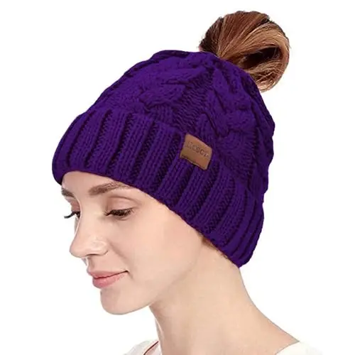 Rosoz Ponytail Beanie for Women,Winter Warm Beanie Tail Soft Stretch Cable Knit Messy High Bun Hat - 2