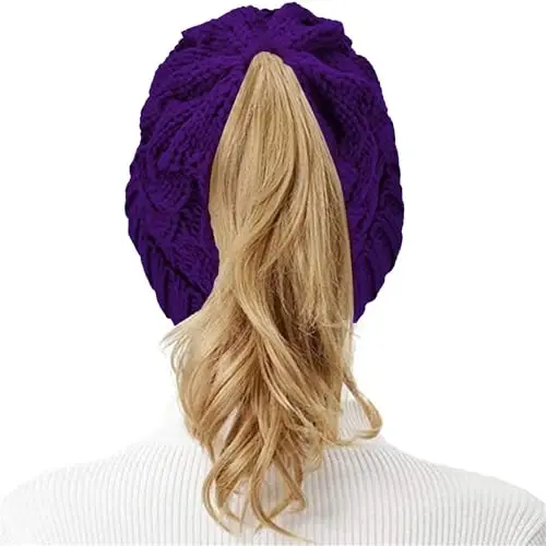 Rosoz Ponytail Beanie for Women,Winter Warm Beanie Tail Soft Stretch Cable Knit Messy High Bun Hat - 7