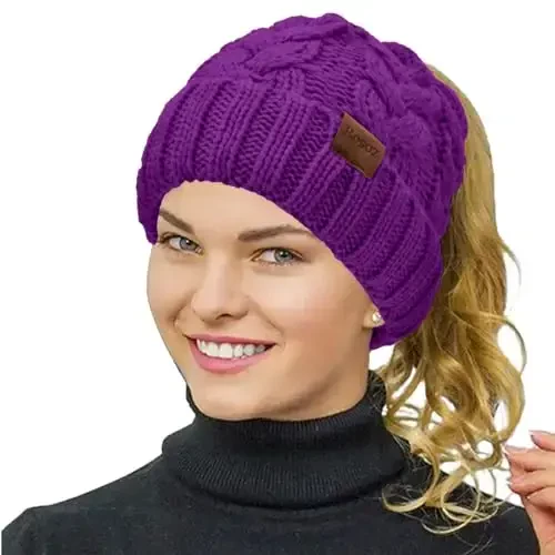 Rosoz Ponytail Beanie for Women,Winter Warm Beanie Tail Soft Stretch Cable Knit Messy High Bun Hat - 1