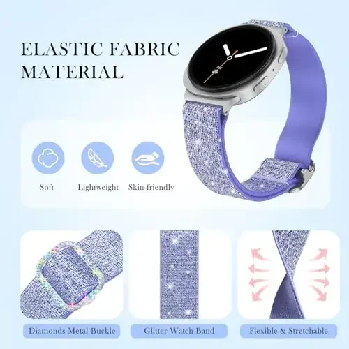 LETOID for Samsung Galaxy Watch Bands for Women, Bling Stretchy Nylon Strap Designed for Samsung Galaxy Watch 8/7/6/5/4/FE, Active 2 – Soft, Breathable, Adjustable, Glitter Elastic Wristband - 2