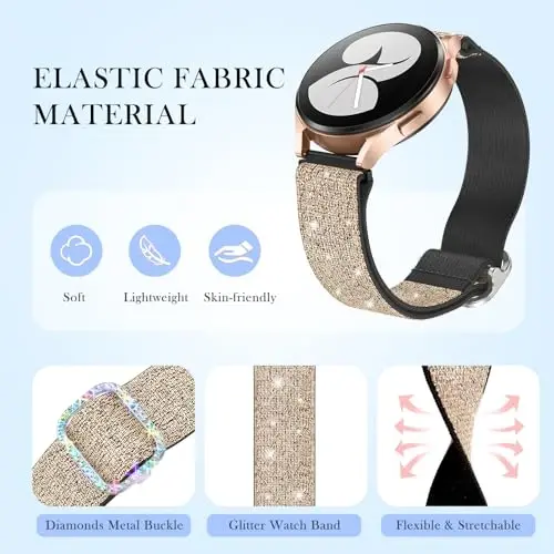 Kadınlar için Samsung Galaxy Watch Bantları için LETOID, Samsung Galaxy Watch 8/7/6/5/4/FE, Active 2 için Tasarlanmış, Esnek, Parlak Naylon Kayış – Yumuşak, Nefes Alabilen, Ayarlanabilir, Simli Elastik Bileklik - 3