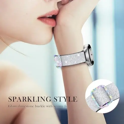 Kadınlar için Samsung Galaxy Watch Bantları için LETOID, Samsung Galaxy Watch 8/7/6/5/4/FE, Active 2 için Tasarlanmış, Esnek, Parlak Naylon Kayış – Yumuşak, Nefes Alabilen, Ayarlanabilir, Simli Elastik Bileklik - 4