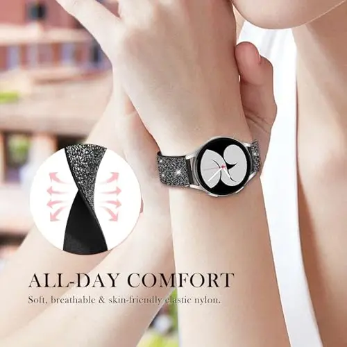 Kadınlar için Samsung Galaxy Watch Bantları için LETOID, Samsung Galaxy Watch 8/7/6/5/4/FE, Active 2 için Tasarlanmış, Esnek, Parlak Naylon Kayış – Yumuşak, Nefes Alabilen, Ayarlanabilir, Simli Elastik Bileklik - 5