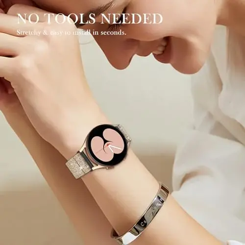 Kadınlar için Samsung Galaxy Watch Bantları için LETOID, Samsung Galaxy Watch 8/7/6/5/4/FE, Active 2 için Tasarlanmış, Esnek, Parlak Naylon Kayış – Yumuşak, Nefes Alabilen, Ayarlanabilir, Simli Elastik Bileklik - 6