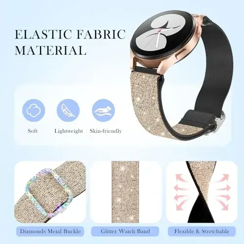 LETOID for Samsung Galaxy Watch Bands for Women, Bling Stretchy Nylon Strap Designed for Samsung Galaxy Watch 8/7/6/5/4/FE, Active 2 – Soft, Breathable, Adjustable, Glitter Elastic Wristband - 3