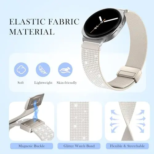 Kadınlar için Samsung Galaxy Watch Bantları için LETOID, Samsung Galaxy Watch 8/7/6/5/4/FE, Active 2 için Tasarlanmış, Yumuşak, Nefes Alabilen, Ayarlanabilir, Parıltılı Elastik Bileklik Bling Esnek Naylon Kayış - 9