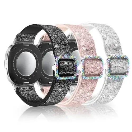 Kadınlar için Samsung Galaxy Watch Kordonları için LETOID, Samsung Galaxy Watch 8/7/6/5/4/FE, Active 2 için Tasarlanmış Bling Esnek Naylon Kayış – Yumuşak, Nefes Alabilen, Ayarlanabilir, Simli Elastik Bileklik 