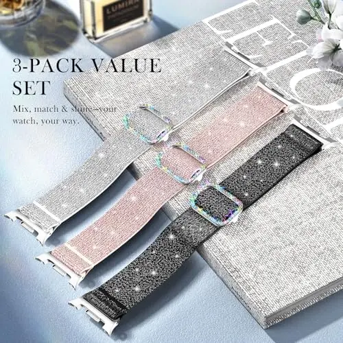 LETOID for Samsung Galaxy Watch Bands for Women, Bling Stretchy Nylon Strap Designed for Samsung Galaxy Watch 8/7/6/5/4/FE, Active 2 – Soft, Breathable, Adjustable, Glitter Elastic Wristband - 3