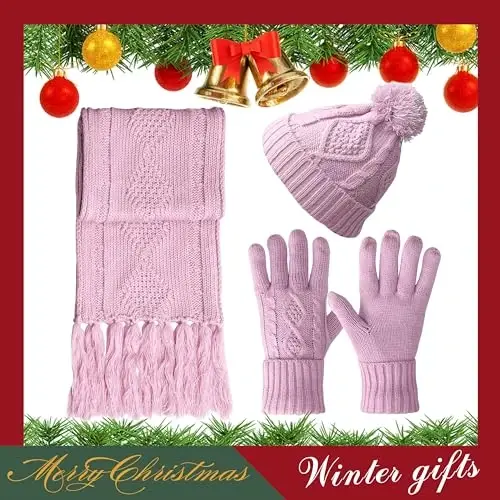 Hat Gloves Scarf Set for Women, Winter Beanie Warm Knit Pom Hat Touch Screen Glove Long Scarf 3pcs Winter Gift Set for Women - 2