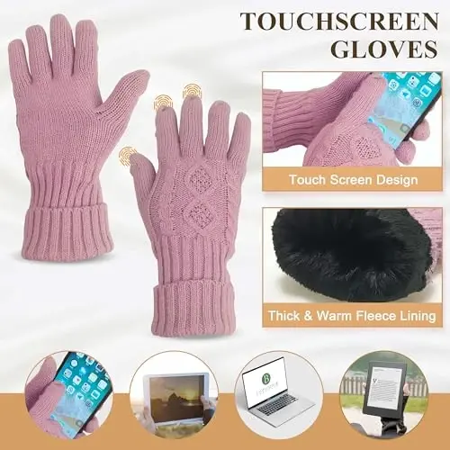 Hat Gloves Scarf Set for Women, Winter Beanie Warm Knit Pom Hat Touch Screen Glove Long Scarf 3pcs Winter Gift Set for Women - 4