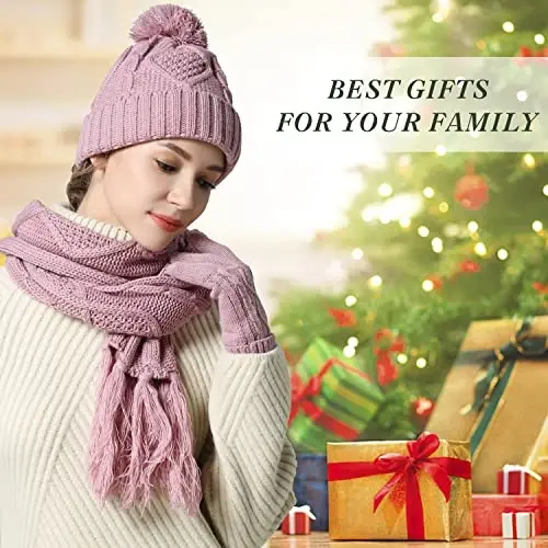 Hat Gloves Scarf Set for Women, Winter Beanie Warm Knit Pom Hat Touch Screen Glove Long Scarf 3pcs Winter Gift Set for Women - 6