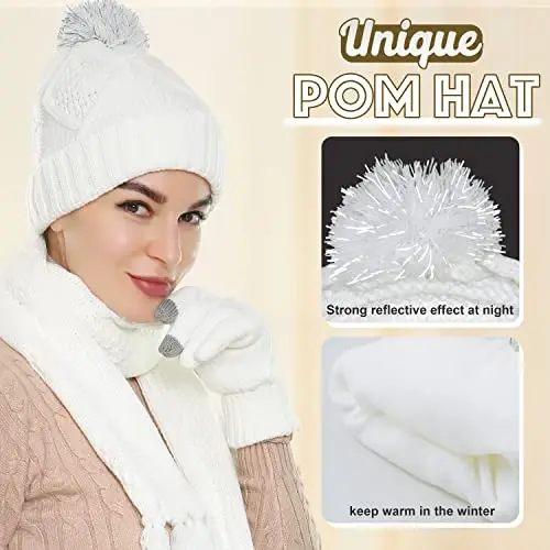 Hat Gloves Scarf Set for Women, Winter Beanie Warm Knit Pom Hat Touch Screen Glove Long Scarf 3pcs Winter Gift Set for Women - 3