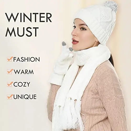 Hat Gloves Scarf Set for Women, Winter Beanie Warm Knit Pom Hat Touch Screen Glove Long Scarf 3pcs Winter Gift Set for Women - WINTER (1)