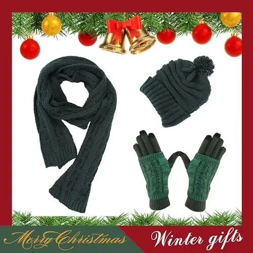 Hat Gloves Scarf Set for Women, Winter Beanie Warm Knit Pom Hat Touch Screen Glove Long Scarf 3pcs Winter Gift Set for Women - 2
