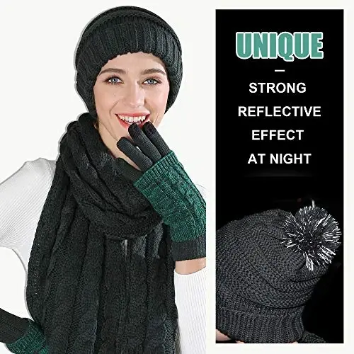 Hat Gloves Scarf Set for Women, Winter Beanie Warm Knit Pom Hat Touch Screen Glove Long Scarf 3pcs Winter Gift Set for Women - 3