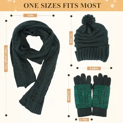 Hat Gloves Scarf Set for Women, Winter Beanie Warm Knit Pom Hat Touch Screen Glove Long Scarf 3pcs Winter Gift Set for Women - 6