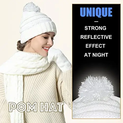Hat Gloves Scarf Set for Women, Winter Beanie Warm Knit Pom Hat Touch Screen Glove Long Scarf 3pcs Winter Gift Set for Women - 3