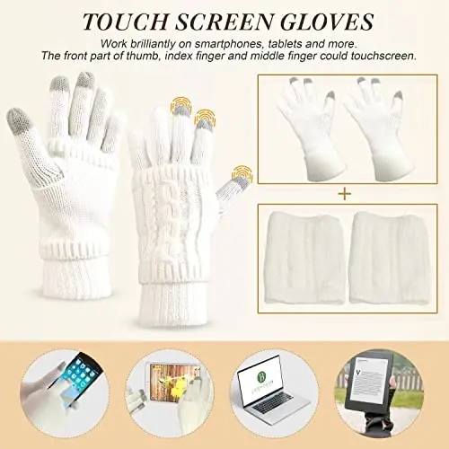 Hat Gloves Scarf Set for Women, Winter Beanie Warm Knit Pom Hat Touch Screen Glove Long Scarf 3pcs Winter Gift Set for Women - 4