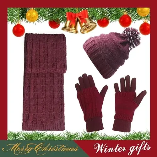 Hat Gloves Scarf Set for Women, Winter Beanie Warm Knit Pom Hat Touch Screen Glove Long Scarf 3pcs Winter Gift Set for Women - 2