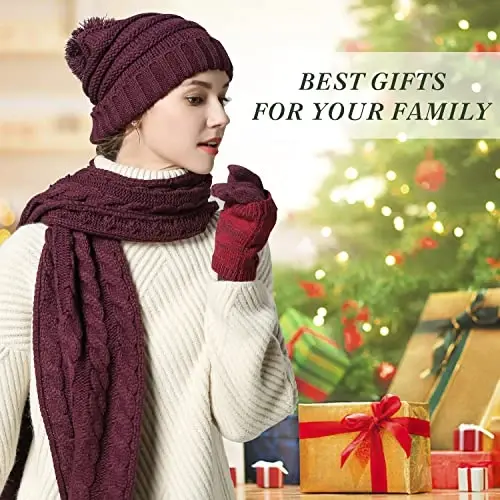 Hat Gloves Scarf Set for Women, Winter Beanie Warm Knit Pom Hat Touch Screen Glove Long Scarf 3pcs Winter Gift Set for Women - 7