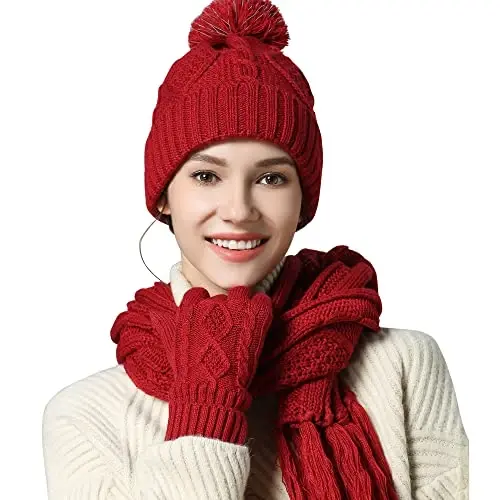 Hat Gloves Scarf Set for Women, Winter Beanie Warm Knit Pom Hat Touch Screen Glove Long Scarf 3pcs Winter Gift Set for Women 