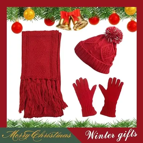 Hat Gloves Scarf Set for Women, Winter Beanie Warm Knit Pom Hat Touch Screen Glove Long Scarf 3pcs Winter Gift Set for Women - 2