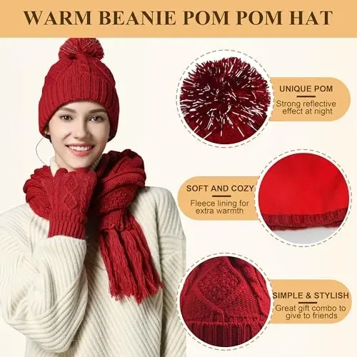 Hat Gloves Scarf Set for Women, Winter Beanie Warm Knit Pom Hat Touch Screen Glove Long Scarf 3pcs Winter Gift Set for Women - 3