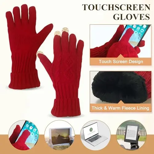 Hat Gloves Scarf Set for Women, Winter Beanie Warm Knit Pom Hat Touch Screen Glove Long Scarf 3pcs Winter Gift Set for Women - 4