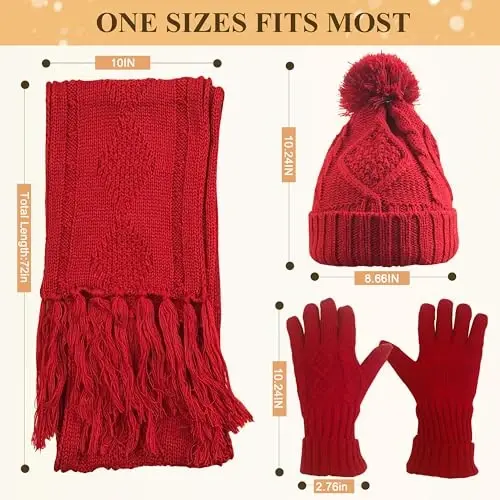 Hat Gloves Scarf Set for Women, Winter Beanie Warm Knit Pom Hat Touch Screen Glove Long Scarf 3pcs Winter Gift Set for Women - 6