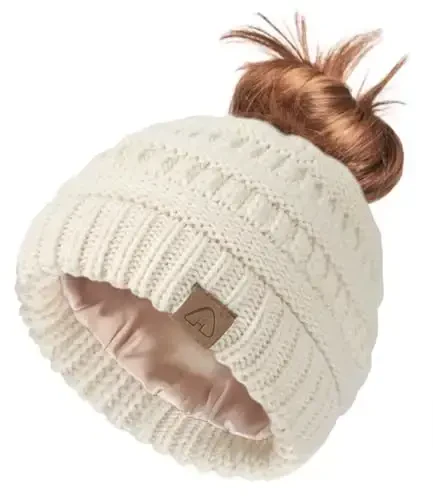 Hat Hut Satin Lined Beanie Hat for Women Silk Lined Winter Hat for Curly Hair Ponytail Beanie Messy Bun Knit Skull Cap 