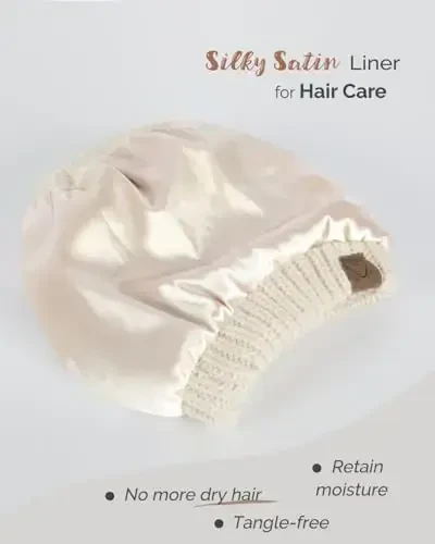 Hat Hut Satin Lined Beanie Hat for Women Silk Lined Winter Hat for Curly Hair Ponytail Beanie Messy Bun Knit Skull Cap - 2