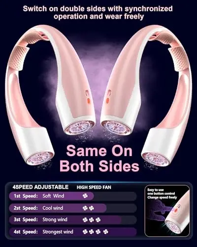 Rohent Neck Fans for Women Rechargeable: High Velocity 4 Speeds Cooling Personal Fan Lightweight USB Rechargeable for Women Girls - Pink - 4