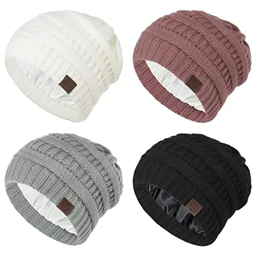 Beanies Women Satin Lined Beanie Winter Hats for Women Silk Lined Slouchy Beanie for Winter Warm Knit Cuffed Beanie Hat 