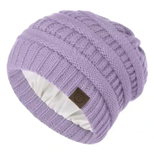 Beanies Women Satin Lined Beanie Winter Hats for Women Silk Lined Slouchy Beanie for Winter Warm Knit Cuffed Beanie Hat - BEANIES