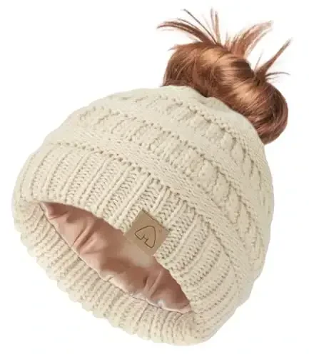 Hat Hut Satin Lined Beanie Hat for Women Silk Lined Winter Hat for Curly Hair Ponytail Beanie Messy Bun Knit Skull Cap - HAT