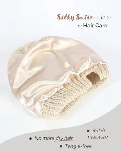 Hat Hut Satin Lined Beanie Hat for Women Silk Lined Winter Hat for Curly Hair Ponytail Beanie Messy Bun Knit Skull Cap - HAT (1)