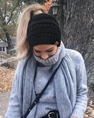 Hat Hut Satin Lined Beanie Hat for Women Silk Lined Winter Hat for Curly Hair Ponytail Beanie Messy Bun Knit Skull Cap - 3