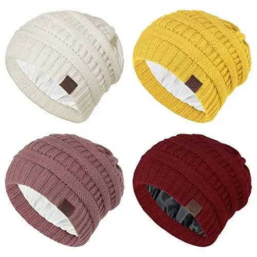Beanies Women Satin Lined Beanie Winter Hats for Women Silk Lined Slouchy Beanie for Winter Warm Knit Cuffed Beanie Hat 