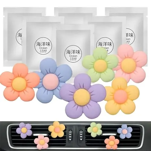 Cute Car Decor Interior Aesthetic Accessories for Women 6pcs Girly Flower Cars Air Freshener Vent Clips for Girls Pink/Purple/Blue/Green/Yellow Boho Scents Decorations Stuff Kawaii Christmas Gifts - HICOMFLY