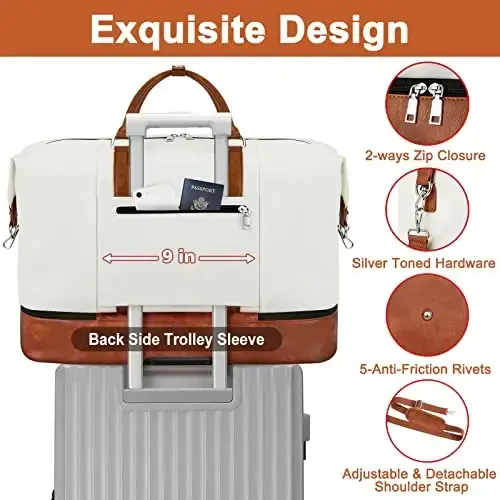 Travel Weekender Bag for Women, Overnight Bag with Shoe Compartment, Oversized Travel Duffel Bag Carry On Tote with Trolley Sleeve 21