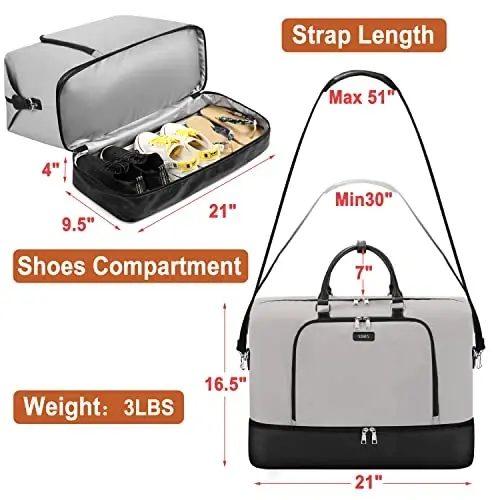 TIBES Travel Weekender Bag for Women, Overnight Bag with Shoe Compartment | 3PCS Large Travel Duffel Bag for Gym, Travel, Hospital, Business Trip, Carry On Tote, Wet & Dry Separation, Water Resistant - 6