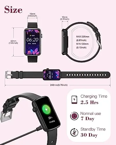 SHANG WING Fitness Watches for Women, LYNN2 Fitness Tracker with Heart Rate Monitor Blood Oxygen/Sleep Tracker Pedometer, Slim Step Tracker Watch for iOS/Android Phones Waterproof (Black) - 5
